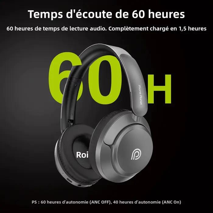 Ecouteurs sans fil sur l'oreille suppression du bruit ANC son naturel immersif audio spatial haute résolution 60 heures autonomie