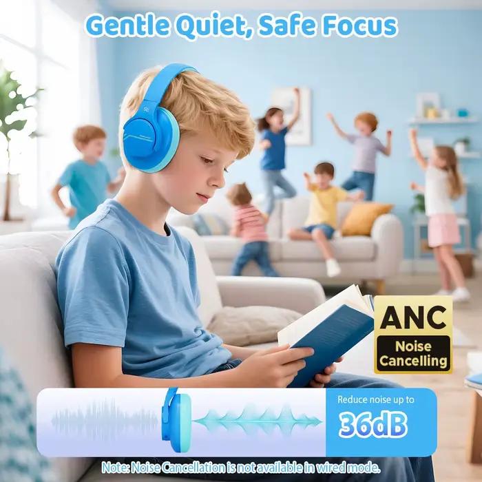 Casque Antibruit Sans Fil ANC pour Enfants Bluetooth HiFi Écouteurs pour Jeux Vidéo Apprendre Étudier Occasions Spéciales