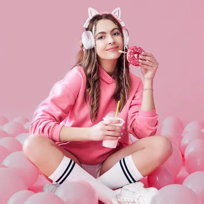 Onikuma casque de jeu professionnel avec lumière RGB casque oreilles de chat rose écouteurs portable