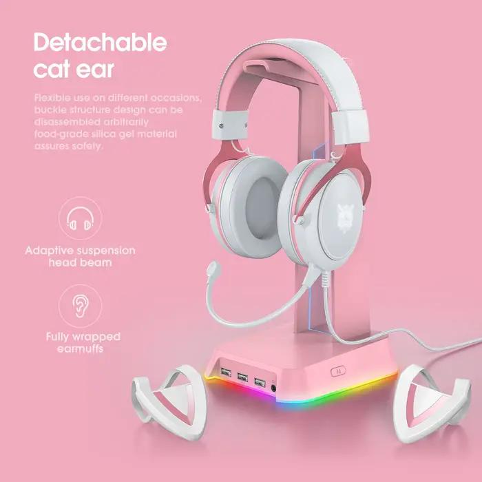 Onikuma casque de jeu professionnel avec lumière RGB casque oreilles de chat rose écouteurs portable