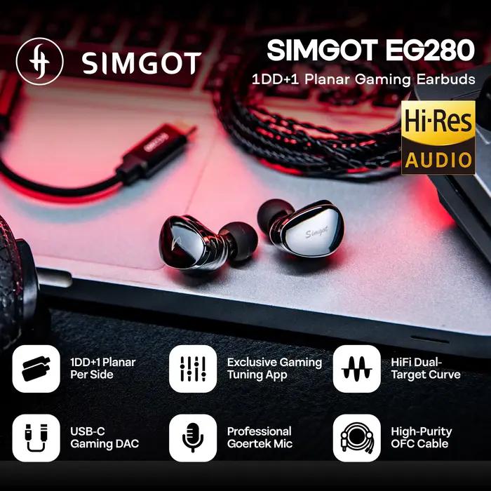 SIMGOT EG280 dans l'oreille moniteur 1DD + 1 planaire HiFi IEM filaire écouteur de jeu avec Microphone 1.7m de Long câble OFC détachable 2 broches