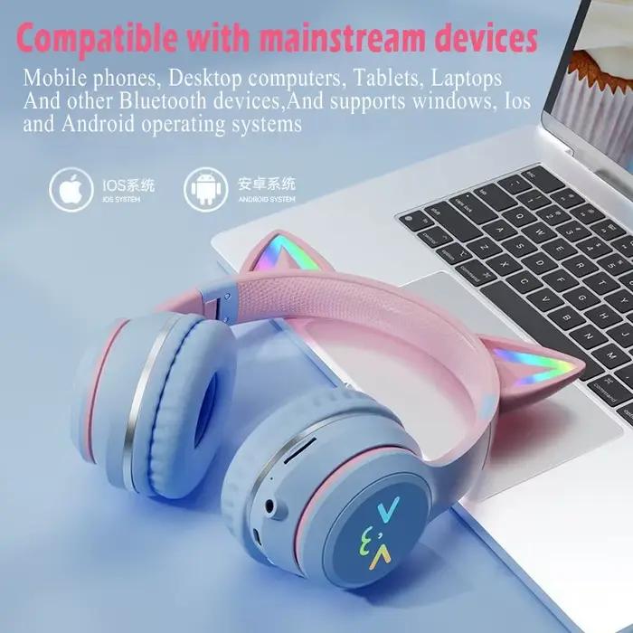 Oreillères en forme d'oreilles de chat avec lumière RGB pour petite fille - Cadeau idéal pour enfant - Accessoire lumineux et confortable - Compatible avec tous les téléphones