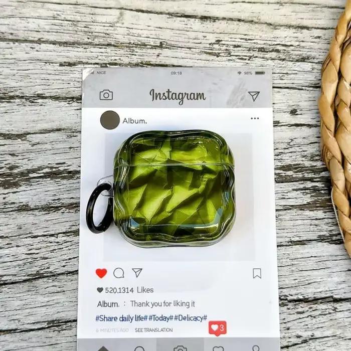 Étui pour écouteurs IMD à motif papier plissé vert antichoc et anti-chute avec anneau pour Airpods 1
