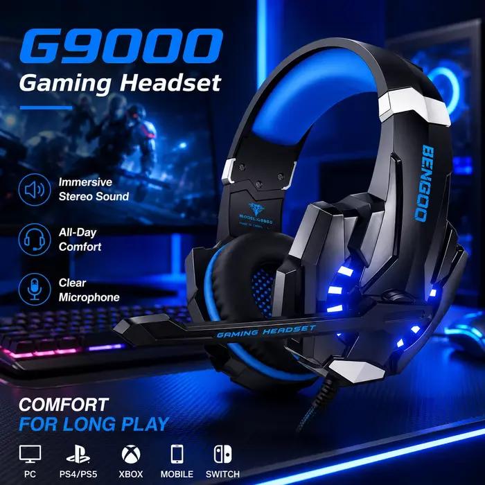 Casque de jeu filaire G9000 avec micro, casque stéréo supra-auriculaire à LED bleue pour PC PS4 PS5 Xbox Switch Ordinateur portable Mobile