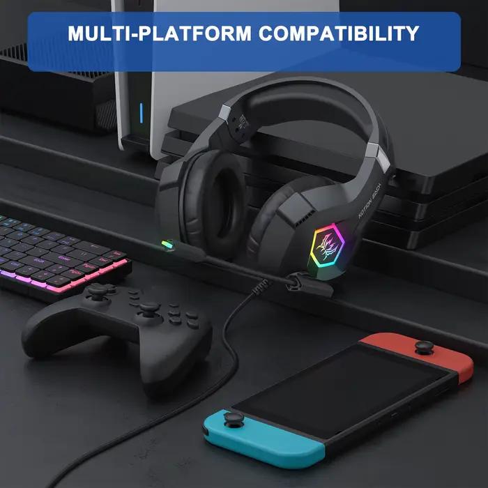 Casque de jeu e-sport avec micro anti-bruit réglable et bandeau ergonomique supra-auriculaire compatible avec ordinateur portable et PC