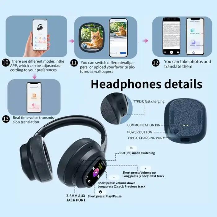 AI LCD écran tactile choc basse casques HIFI son sans fil Bluetooth casque ANC réduction du bruit Gamer écouteurs avec micro HD