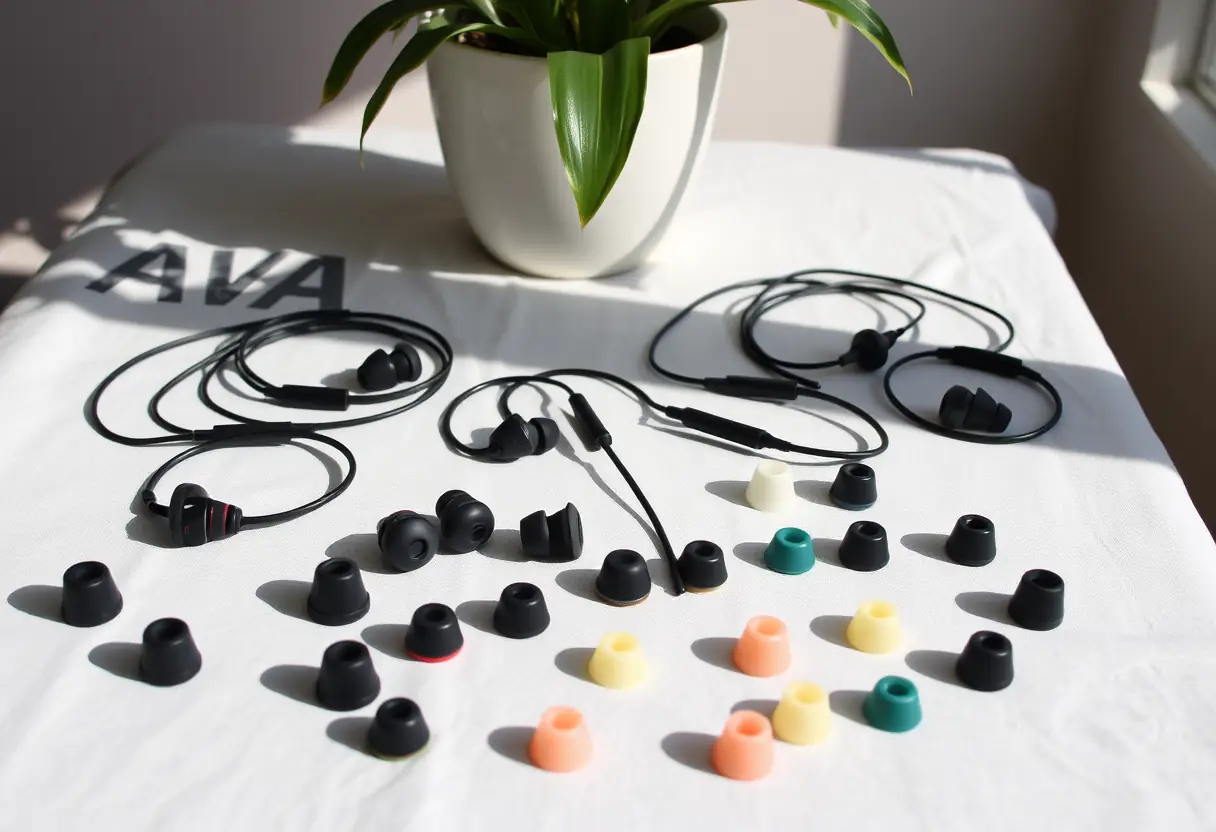 Écouteurs et embouts en silicone sur une table