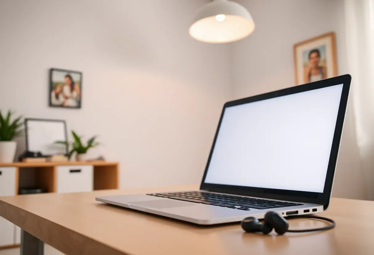 Un ordinateur portable et un casque d'écoute sans fil posés sur un bureau dans un bureau à la maison