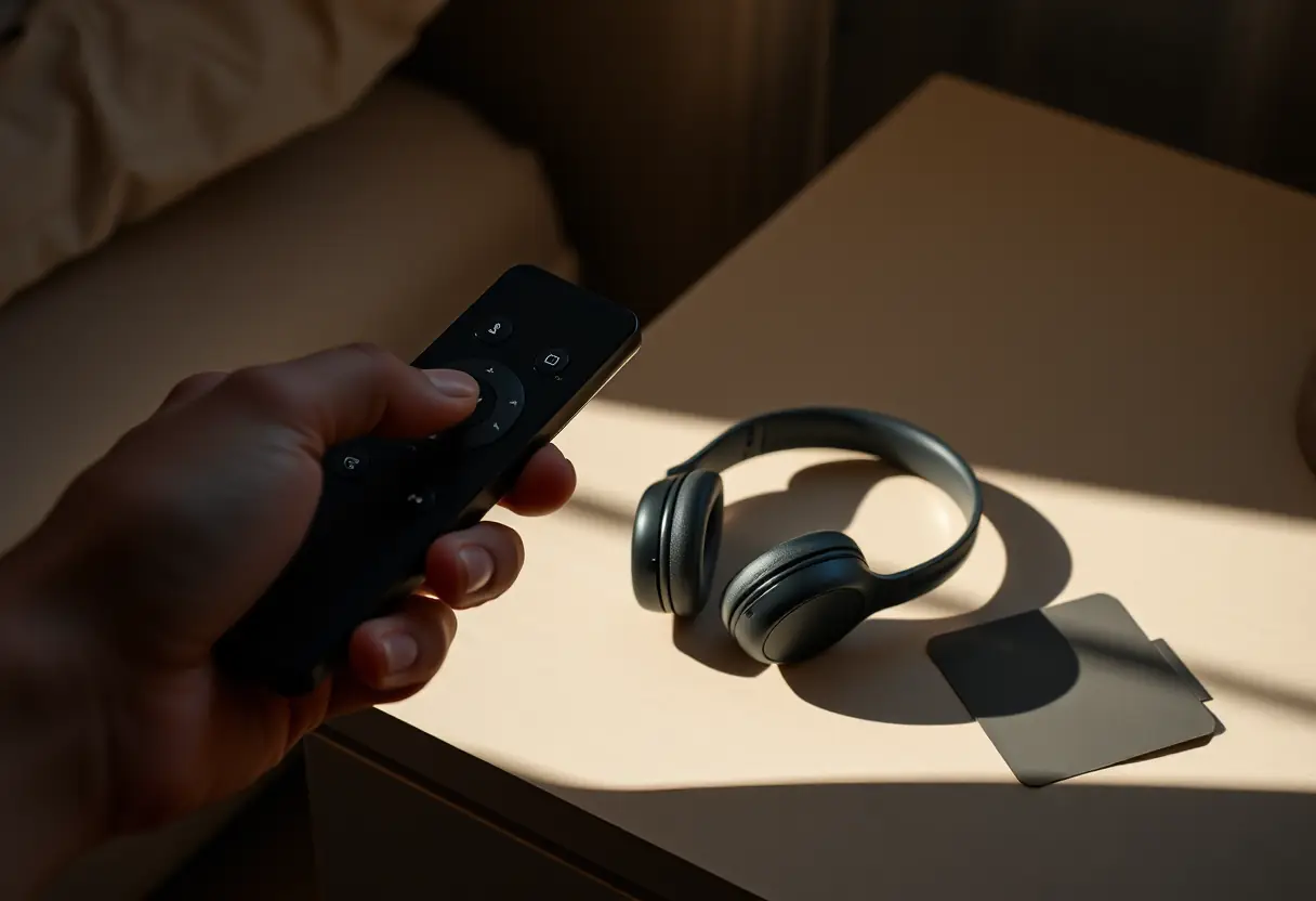 Écouteurs sportifs sur chevet de nuit avec télécommande au coucher