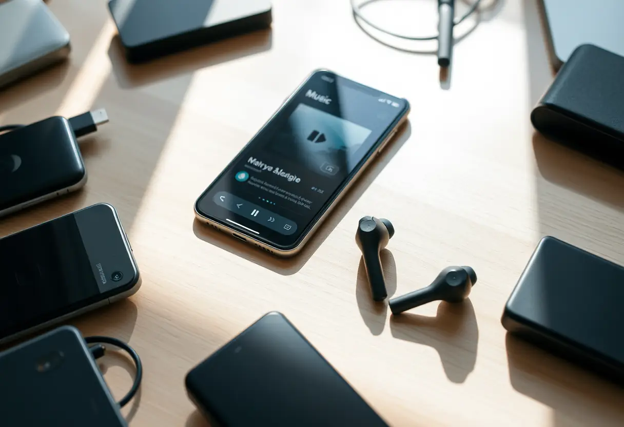Un bureau avec un téléphone intelligent et des écouteurs sans fil reposant à côté
