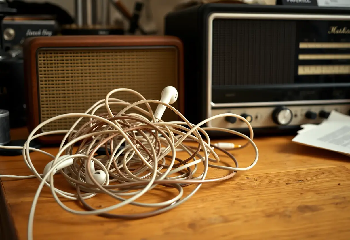 Câbles entremêlés d'écouteurs près d'un vieux poste de radio, guide complet sur les écouteurs JBL